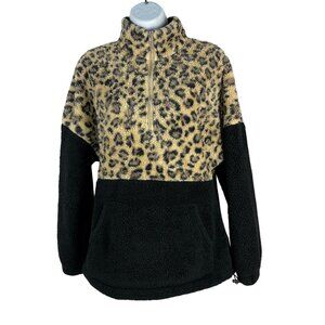 Merokeety Womens Leopard Half-Zip Sherpa Pullover Sweatshirt Size Small